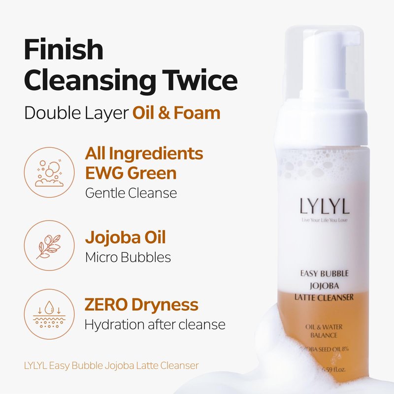 LYLYL Easy Bubble Jojoba Latte Cleanser, 9 Grain Based Ingredients, Oil&Foam Cleanser, EWG Green Ingredients, Double Cleansing, All Skin Types, No Dry Tight Feeling, Korean Skincare, 6.59 fl.oz/195ml