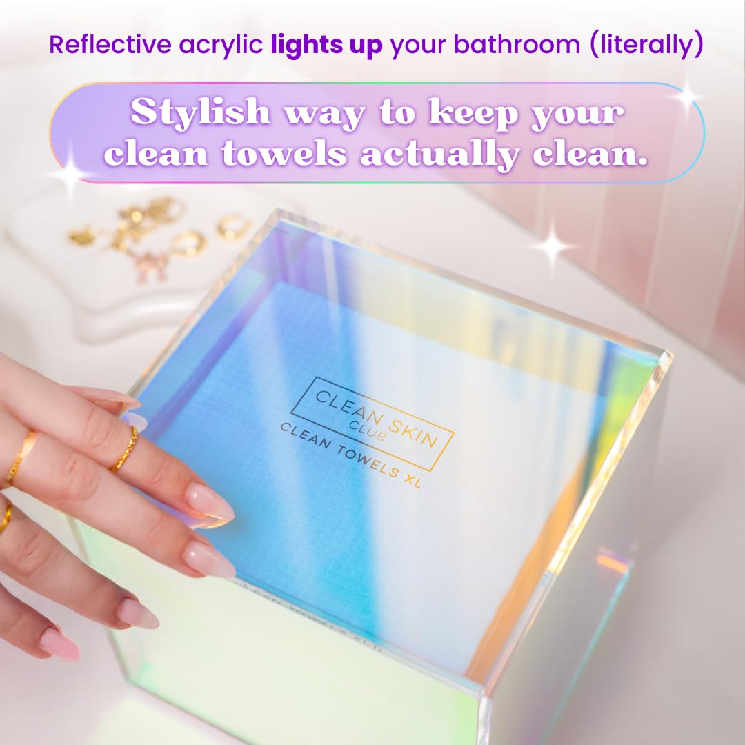 CLEAN SKIN CLUB Prism Box for Clean Towels XL – Acrylic Bathroom Storage Organizer, Holds 50 Disposable Face Towels, Dust-Proof Countertop Container with Lid for Skincare & Vanity Organization