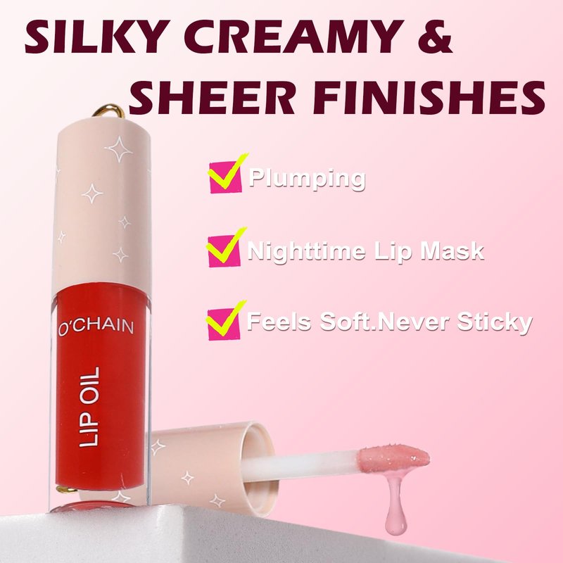 O'CHAIN 12 Colors Lip Oil Set with Portable Keychain, High Shine & Moisturizing, Long Lasting Wear, Deep Hydrating Nourishing Lip Care and Repair Kit for Women and Girls