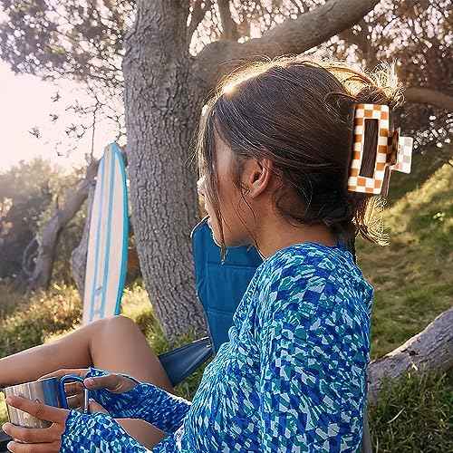 Brown & White Checkered Hair Clips, 3 Pack - Includes Square, Semicircle, and Rectangle Claw Clips for Thick or Thin Hair, Hair Accessories for Women and Girls