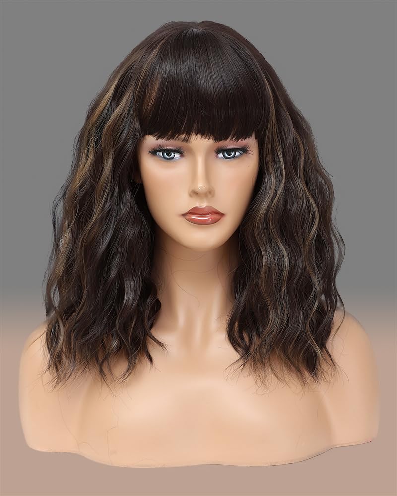Brown Highlights Blonde Wig with Bangs for Women,14 Inch Wavy Bob Hair