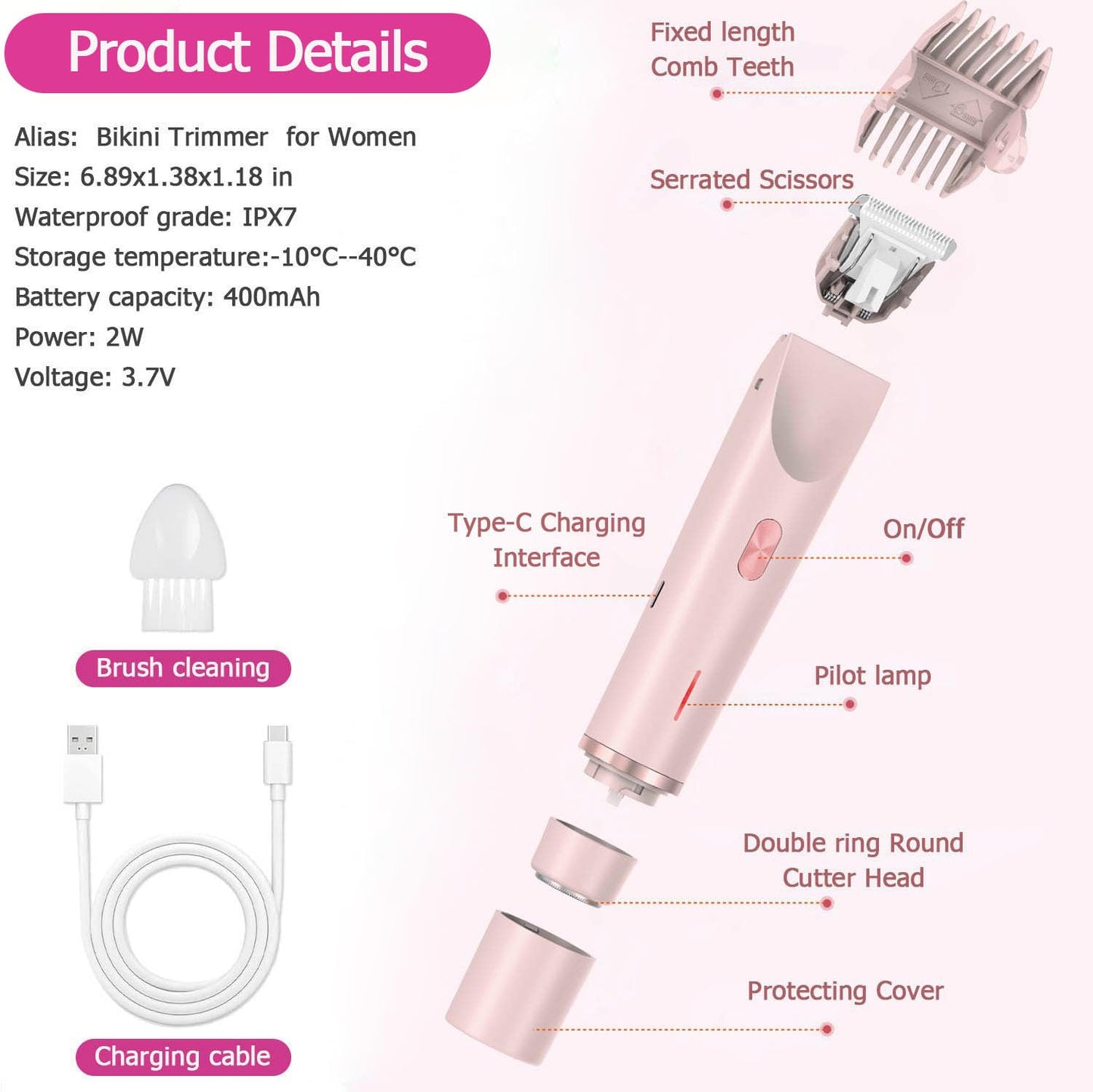Bikini Trimmer for Women, Waterproof Bikini Shaver with Dual Head Design, Cordless Rechargeable Shaver for Women Private Area, Gentle Wet & Dry Hair Removal for Bikini Line & Underarms