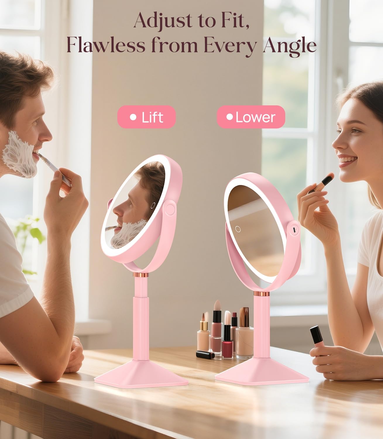 Gospire 20X Magnifying Makeup Mirror with Lights - Adjustable Height, 4000mAh Rechargeable Battery, 3 Dimmable Colors | Pink