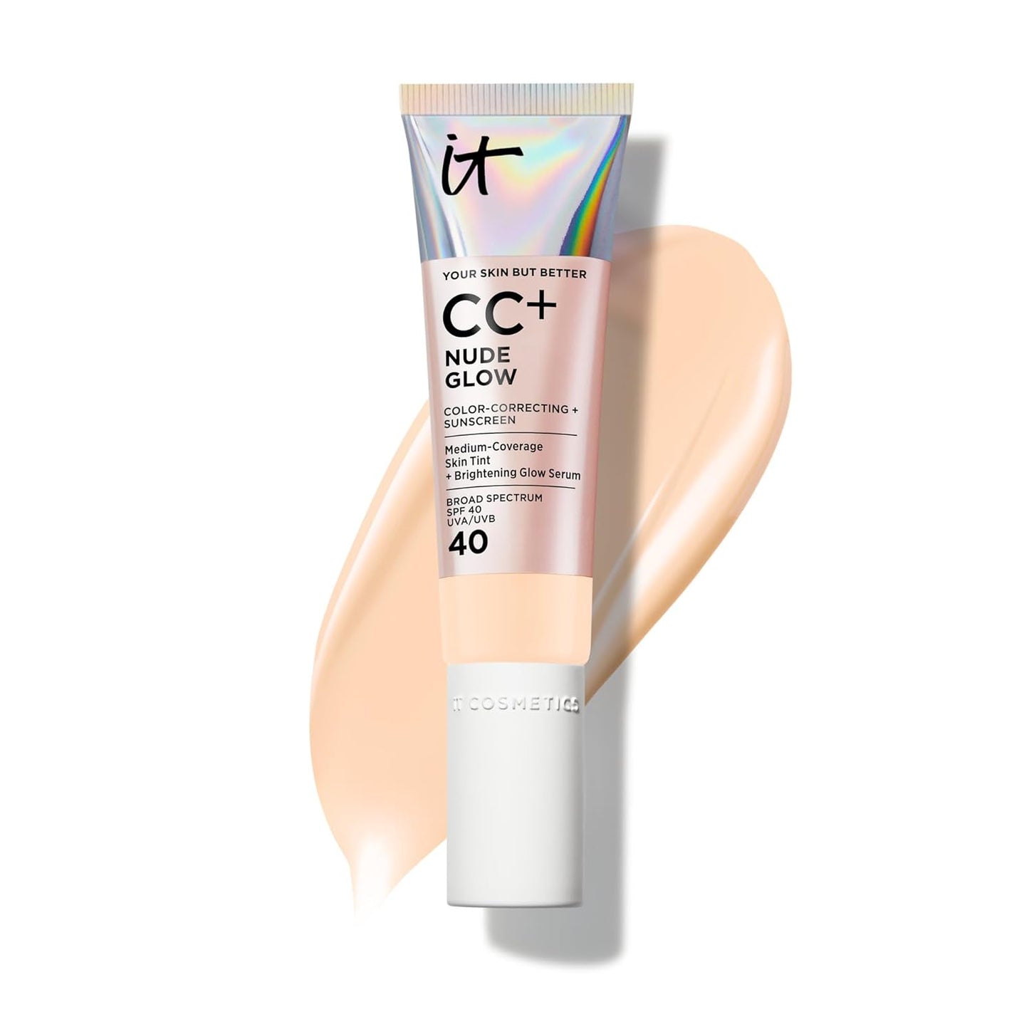 IT Cosmetics CC+ Nude Glow Foundation | Medium Coverage SPF 40, 2% Niacinamide & Hyaluronic Acid, 24H Hydration - 1.08 fl oz
