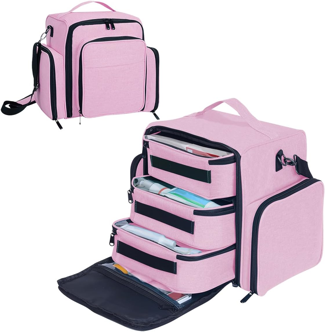 Large Makeup Bag Organizer - Multifunctional Cosmetic Case with 3 Removable Pouches | Pink Travel Storage