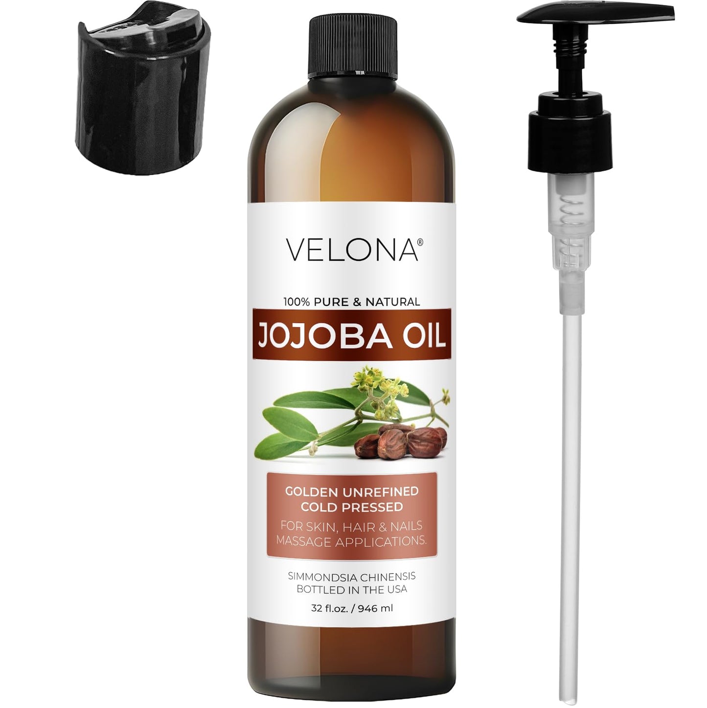 velona Jojoba Oil - 32 fl oz (With Pump) | 100% Pure and Natural | Golden, Unrefined, Cold Pressed, Hexane Free | Moisturizing Face, Hair, Body, Skin Care