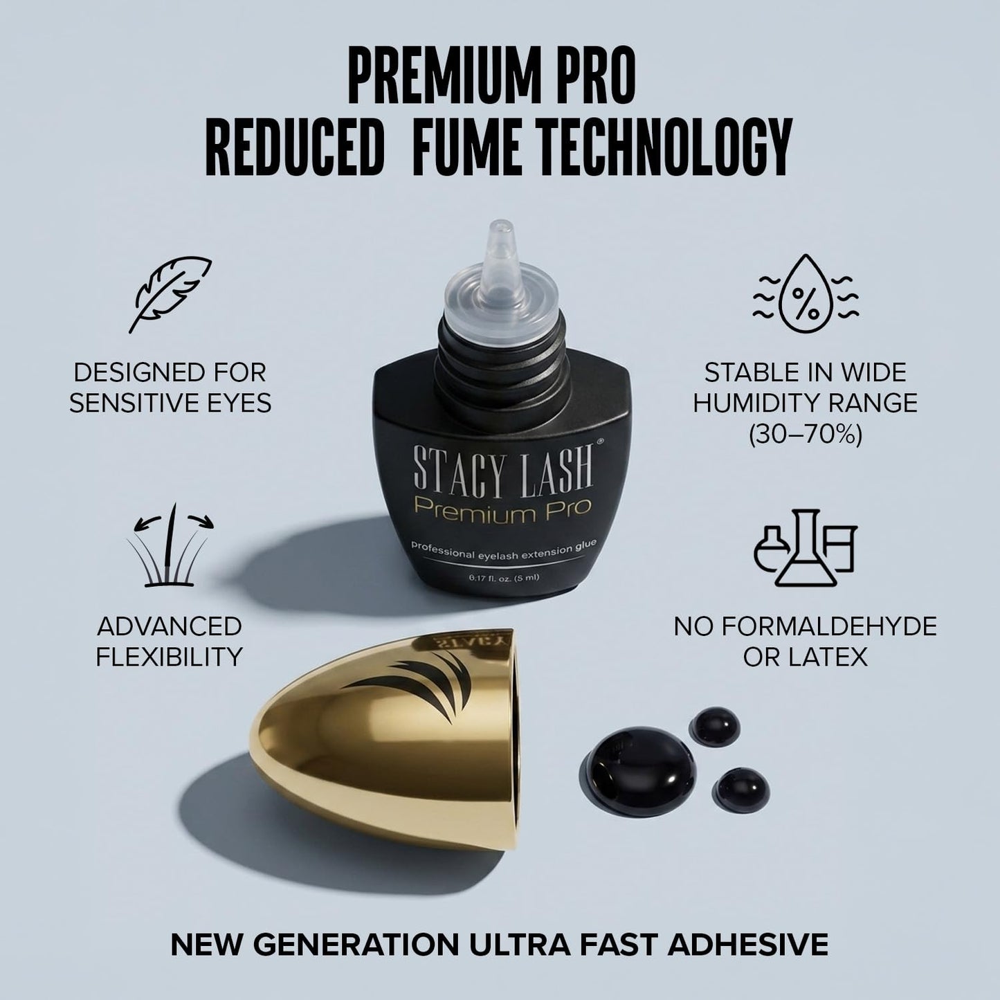 STACY LASH Premium Pro Eyelash Extension Glue 5ml 0.17 fl. oz./ Upgraded Low Fume Formula / 0.3 Sec Drying Time / 7 Week Retention/Extra Strong Black Lash Adhesive/Lash Tech Supplies