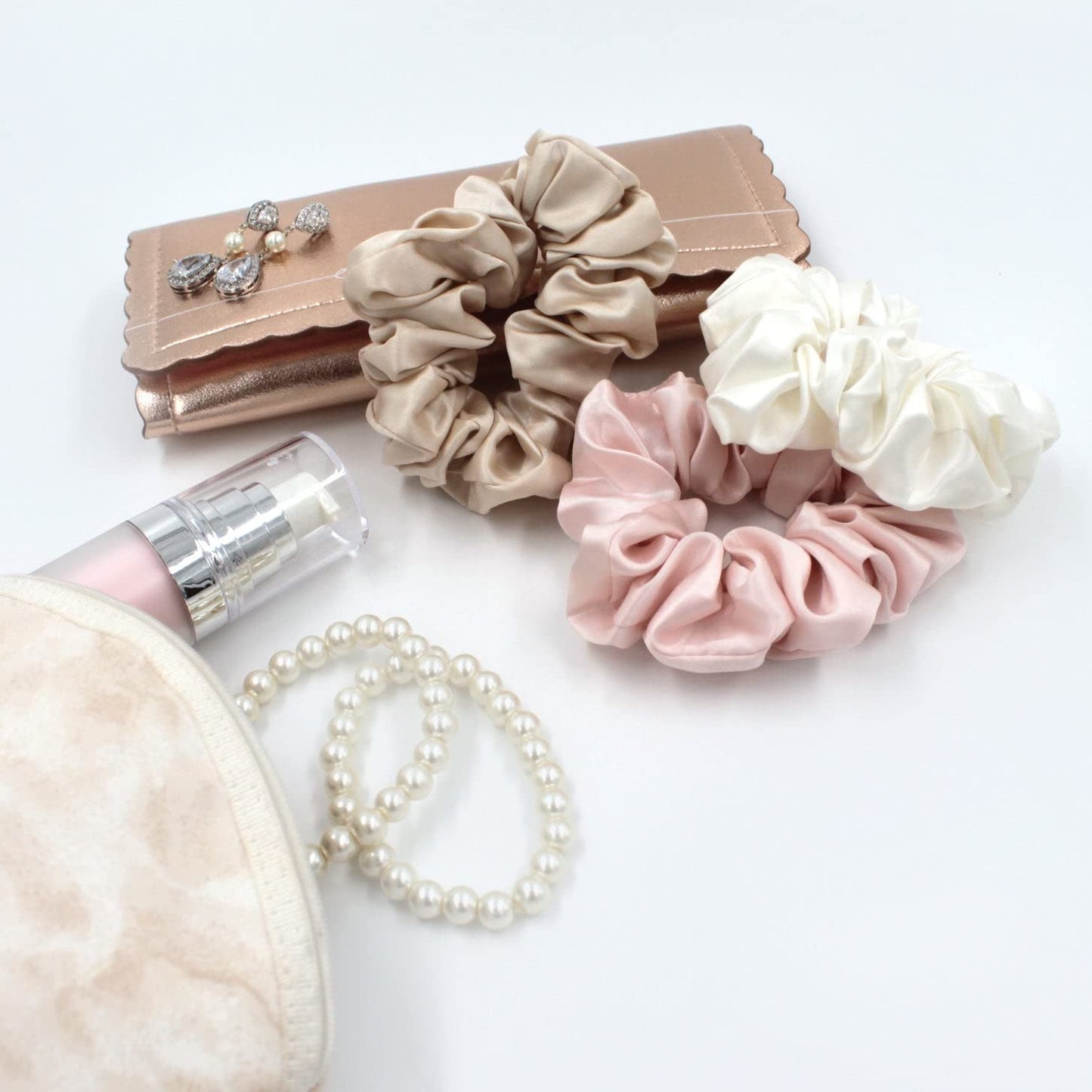 100% Pure Silk Scrunchies - 3 Pack for Frizz Control & Hair Protection | Large (Ivory/Pink/Sand)
