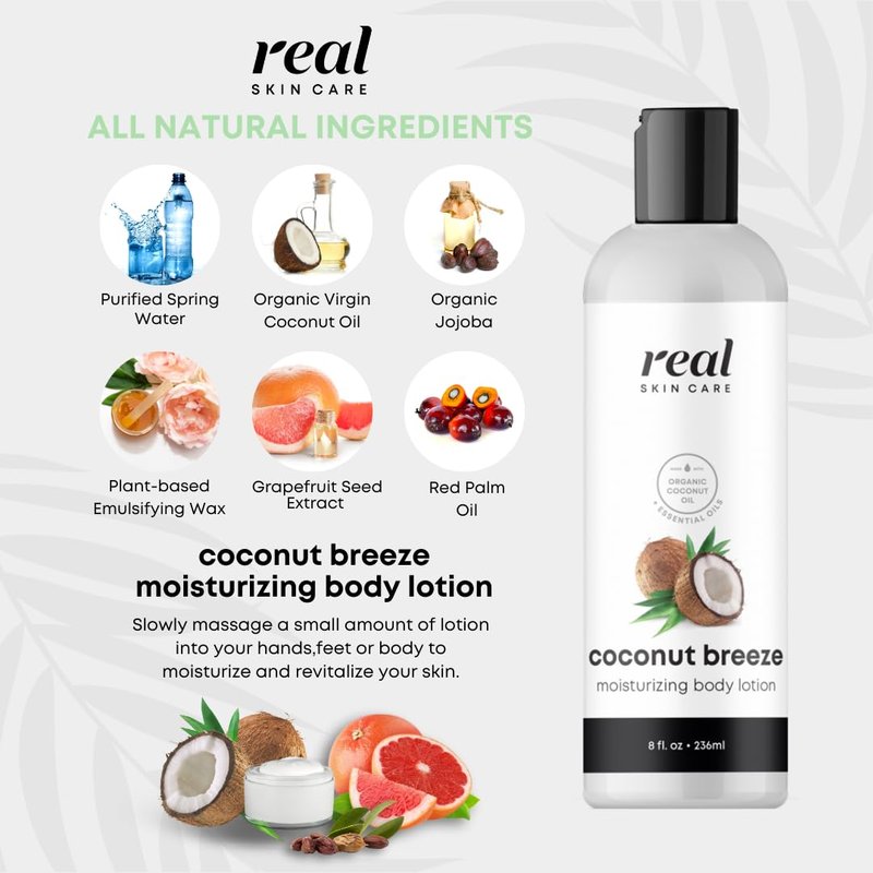 Real Skin Care Organic Body Lotion 8oz - Lightweight & Non-Greasy, Coconut Oil & Jojoba - Moisturizer for Dry & Sensitive Skin, Reduce Fine Lines and Wrinkles - Paraben Free Natural Body Lotion