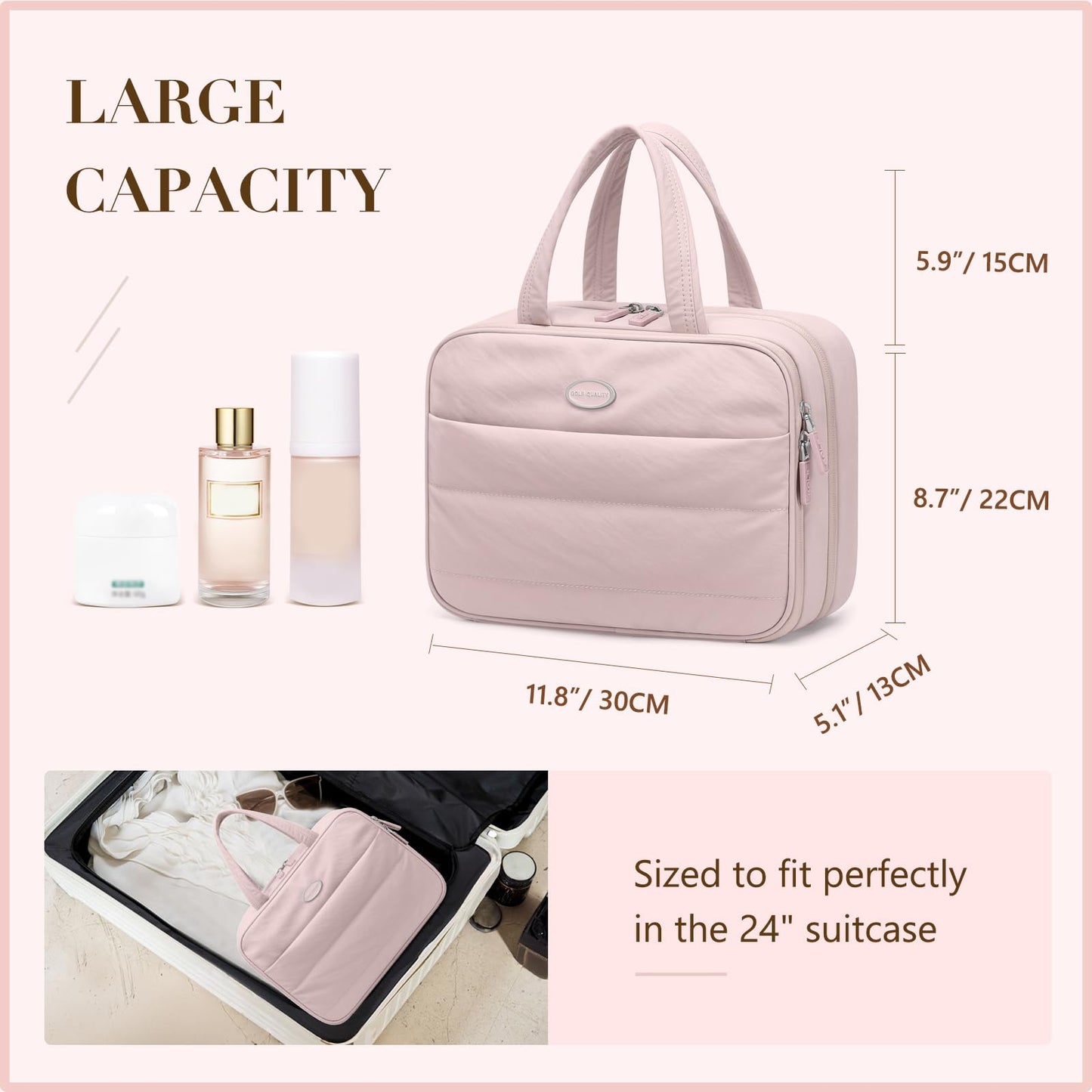 GOLF QUALITY Travel Toiletry Bag,Water-resistant Makeup Cosmetic Bag with Jewelry Organizer Hanging Toiletry Bag for women Trips Camping Bathroom,Smoky Pink