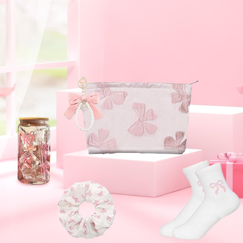 Pink Bow Stuff Gift with Preppy Makeup Bag, Bow Cup, Bow Keychain, Socks, Hairband, Coquette Stuff Presents Set for Teen Girls Women Sister Friend