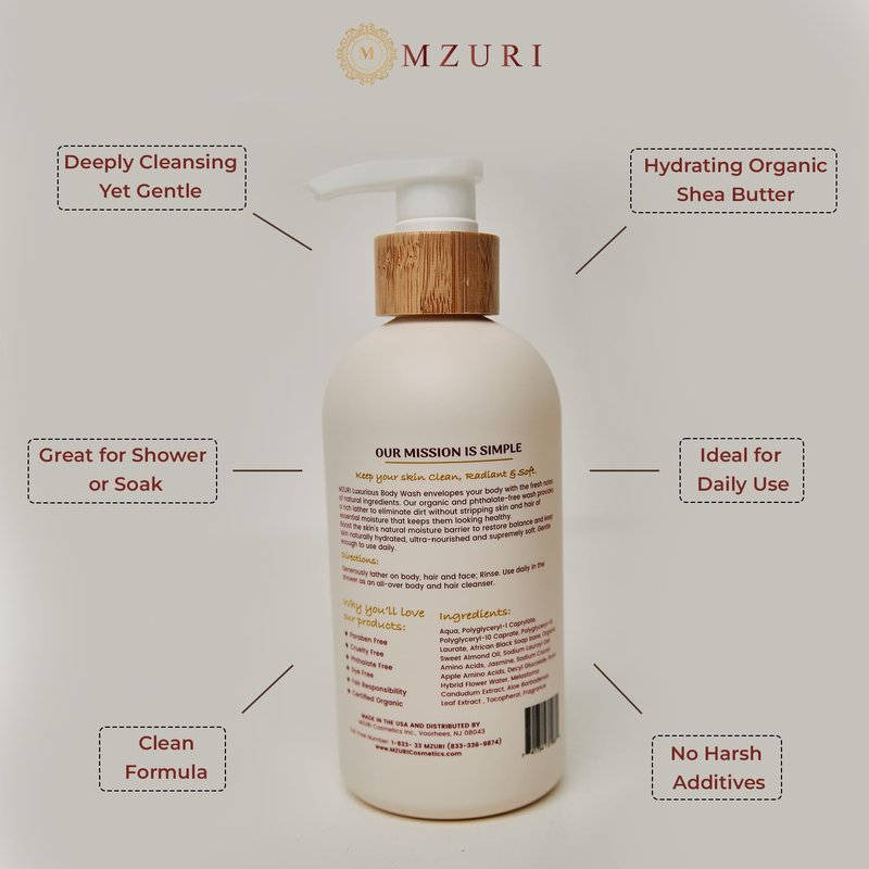 MZURI Body Wash, African Black Soap, Organic Coconut Oil, & Wild Coronado Cherry, Moisturizing, Hydrating, & Gentle Formula for Dry, Sensitive Skin, Shea Butter Luxury Body Wash - 16 Fl. Oz
