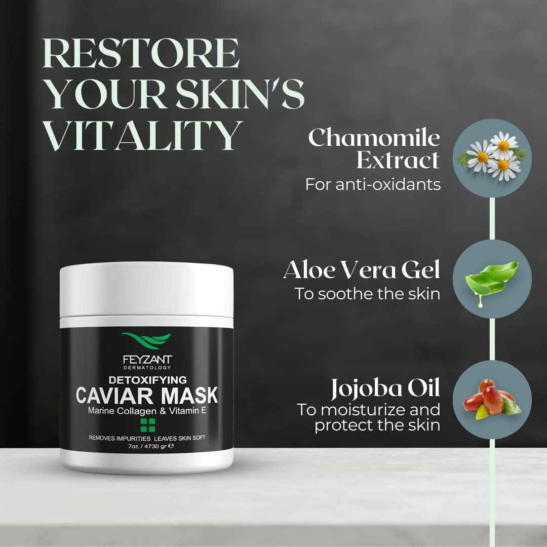 Feyzant Skincare Caviar Face Mask with and Vitamin E - Professional Spa Quality, All Skin Types, Hydrating and Smoothing, 4 oz