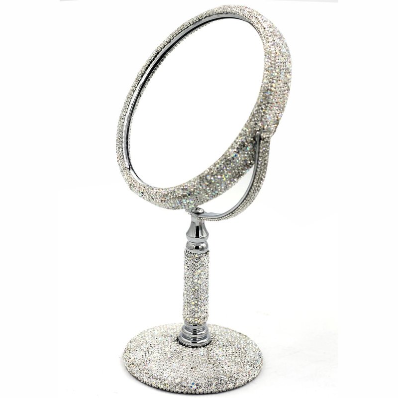Bestbling Bling Rhinestone Double-Sided Tabletop Makeup Mirror, Round Metal Makeup Mirror with 1:2 Magnifying Mirror, Rotating Mirror (Silver)