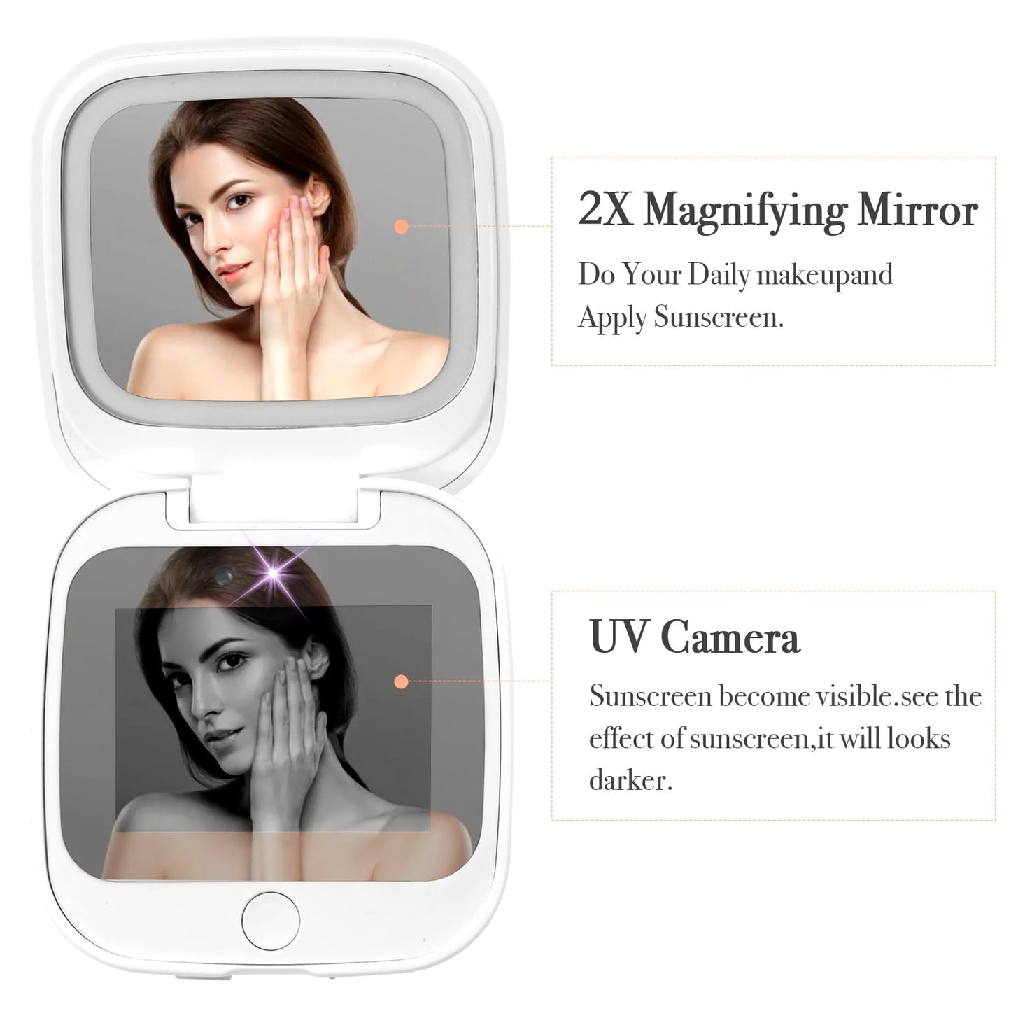 HiPai UV Camera Mirror for Sunscreen Test & SPF Detection, 1x/2x Magnifying Travel Mirror with Dimmable LED Lights, Handheld 2-Sided Portable Makeup Mirror for Handbag/Pocket,White