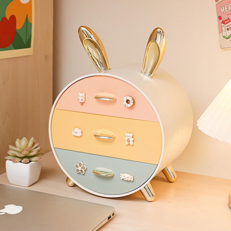 Makeup Organizer and Storage for Perfumes Cosmetics Jewelry,Easter Bunny Box for Countertop, skincare Cabinet Bins 3 draws Stackable Vanity Organizer for Dresser and Bathroom Countertop(Golden Ear)