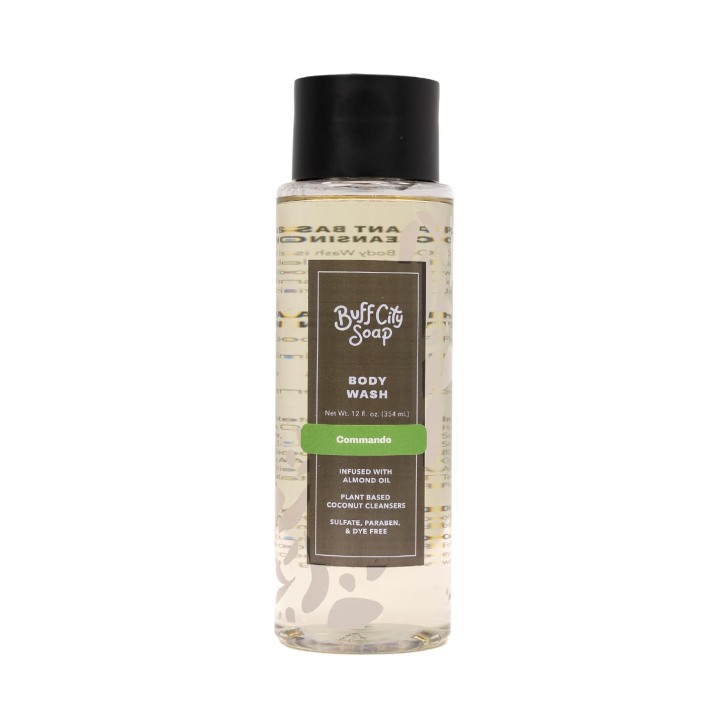 Buff City Soap Plant-Based Body Wash - Gentle Cleansing Body Wash, Coconut Cleansers Infused with Almond Oil, Dermatologist Tested, Rich Lather, Non-Drying for Women and Men - Commando, 12 fl oz