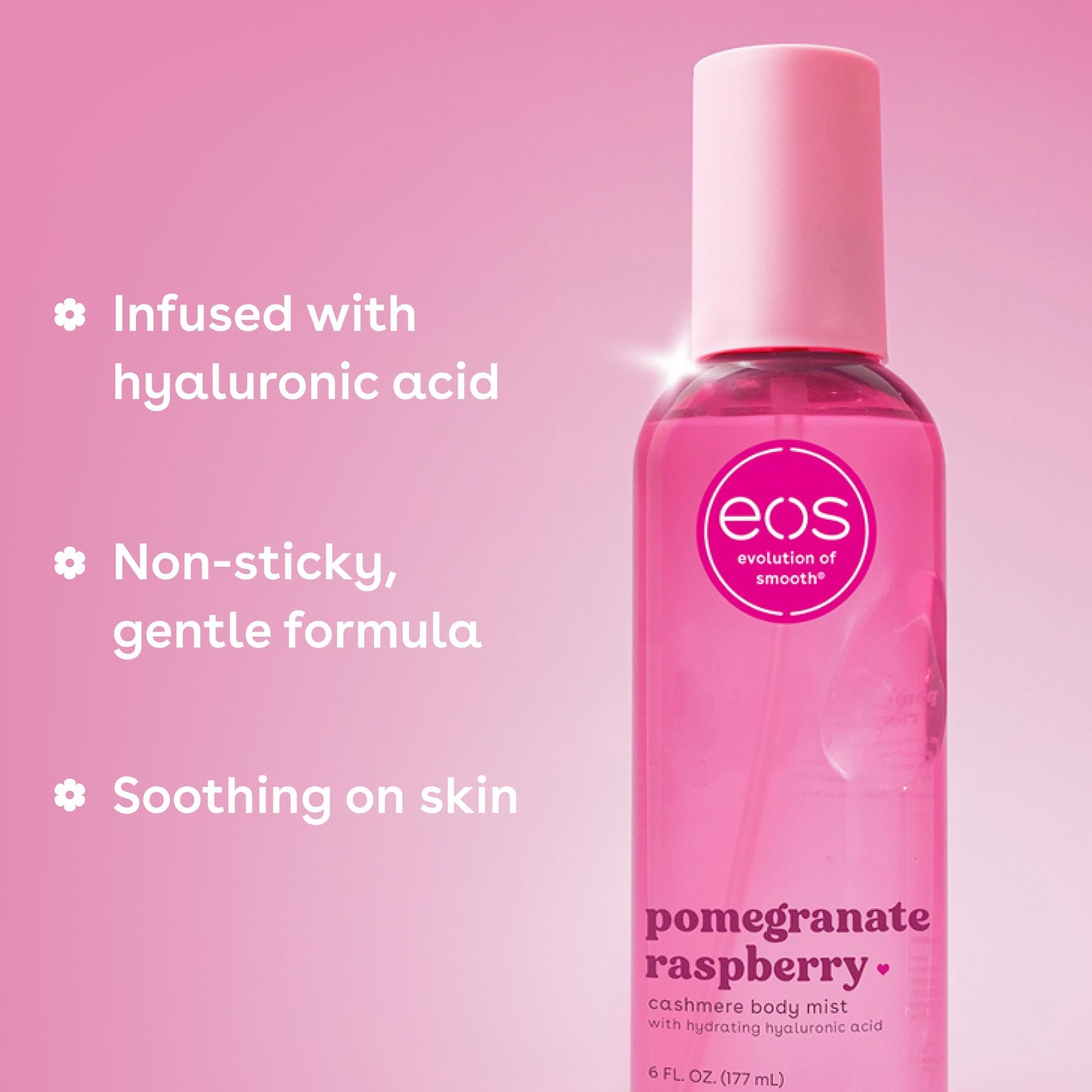 eos Cashmere Body Mist, Pomegranate Raspberry, Body Spray for Women, Fruity Hair Mist, Moisturizing Formula with Hyaluronic Acid and Glycerin, Vegan, Cruelty-Free, 6 fl oz