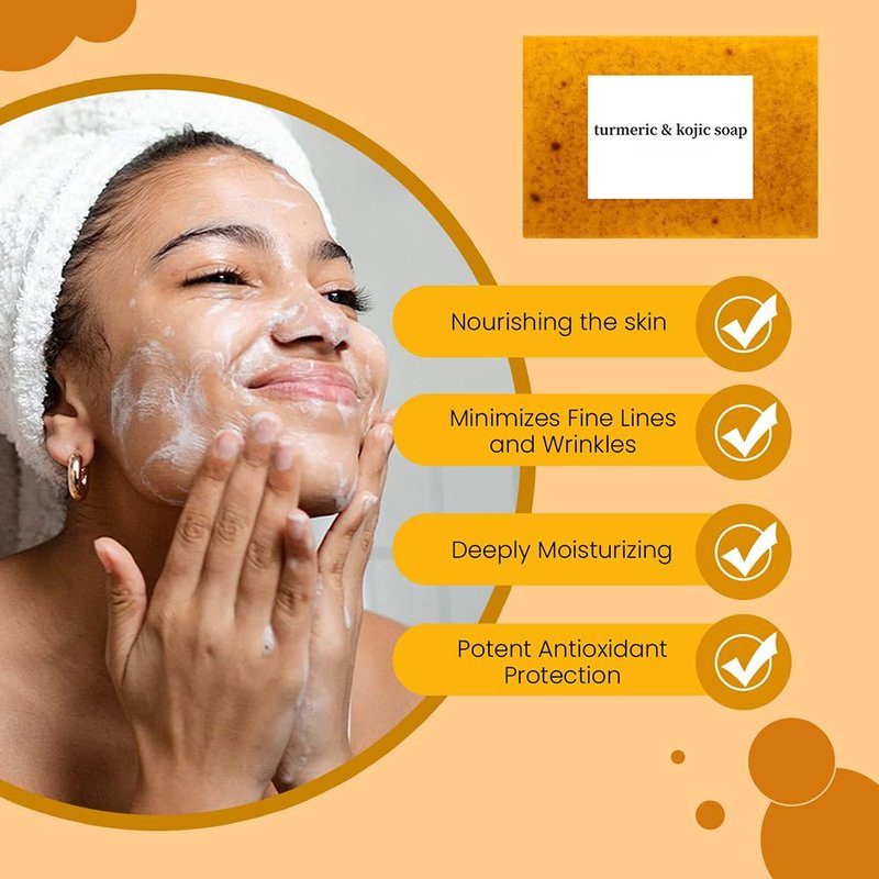 Turmeric Soap & Face Wash Set, Lemon Turmeric Kojic Soap Bar and Foaming Facial Cleanser with Brush Combo for Face & Body, Deep Cleansing Moisturizing