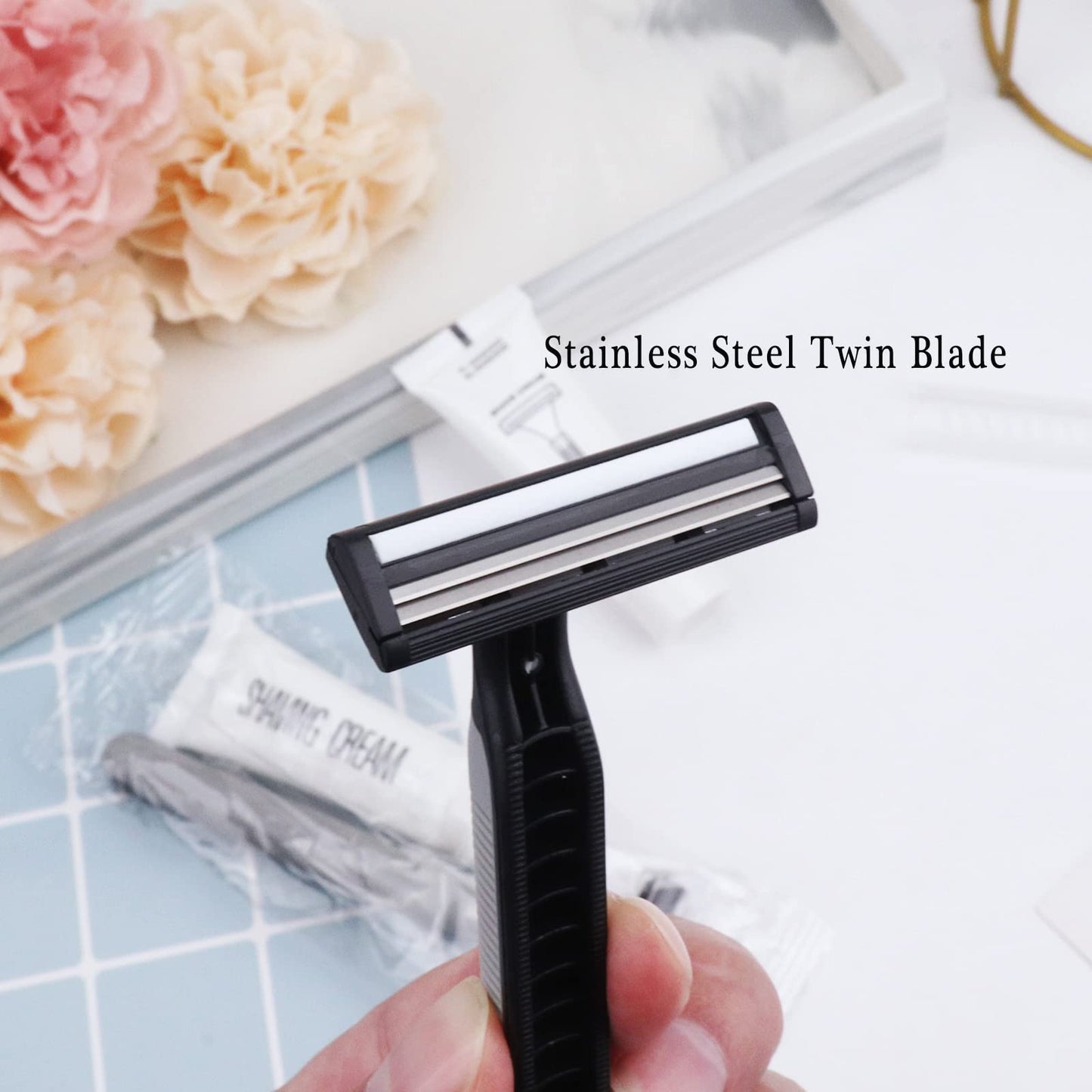 Disposable Razors in Bulk Pack of 60,Black Bulk Razors Disposable Individually Wrapped Twin Blade Disposable Shaving Razors with Shaving Cream and Clear Cap Set for Homeless,Hotel,Charity,Travel