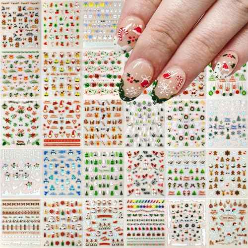 Christmas Nail Art Stickers 30 Sheets Christmas Nail Decals 3D Self Adhesive Santa Claus Elk Snowman Christmas Tree Nail Art Supplies Winter Nail Stickers for Women DIY Acrylic Nail Decorations