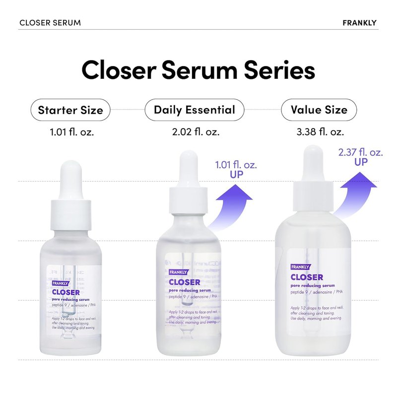 FRANKLY Closer Serum Mega Jumbo | Pore Minimizer Serum | 9 Peptides, Vegan Collagen, Adenosine, PHA | Korean Pore Minimizer for Glass Skin, Anti-Aging, Hydration, Elasticity | 3.38 fl oz
