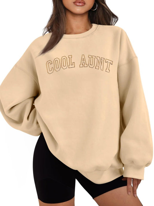 QAUN Oversized Aunt Sweatshirt Women: Auntie Tshirt Cool Aunt Shirt Long Sleeve Casual Pullover Tops(Apricot, Medium)