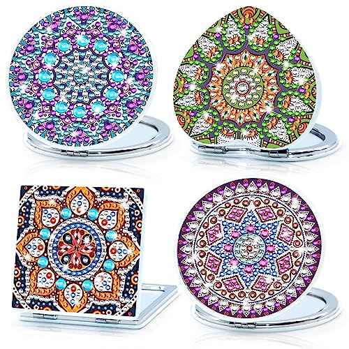 SPOKKI 4 Pcs Diamond Painting Compact Mirror, DIY Pocket Mirror with Mandala Diamond Painting Cover - Folding Purse Design, Portable Magnifying Mirror for Women Girls Kids