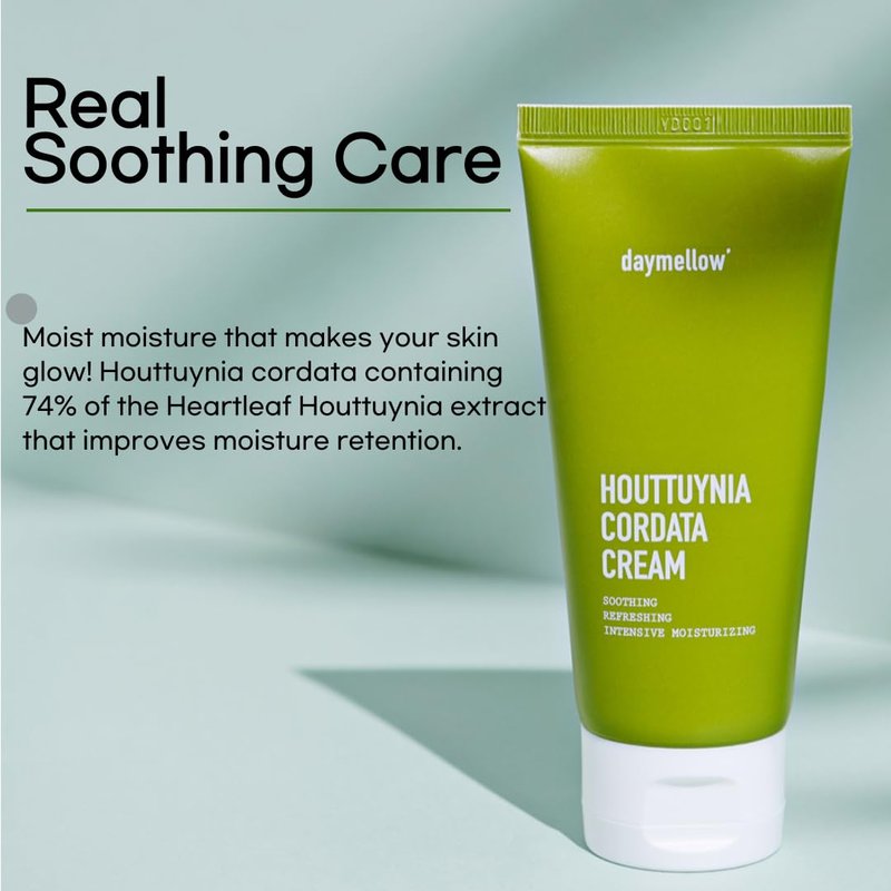 daymellow Houttuynia Cordata Real Soothing Cream 2.82fl.oz/80ml, Face Moisturizer, Heartleaf, Centella, Panthenol, Skin Barrier Repair, Acne, Soothes Redness Facial Cream Korean Skincare