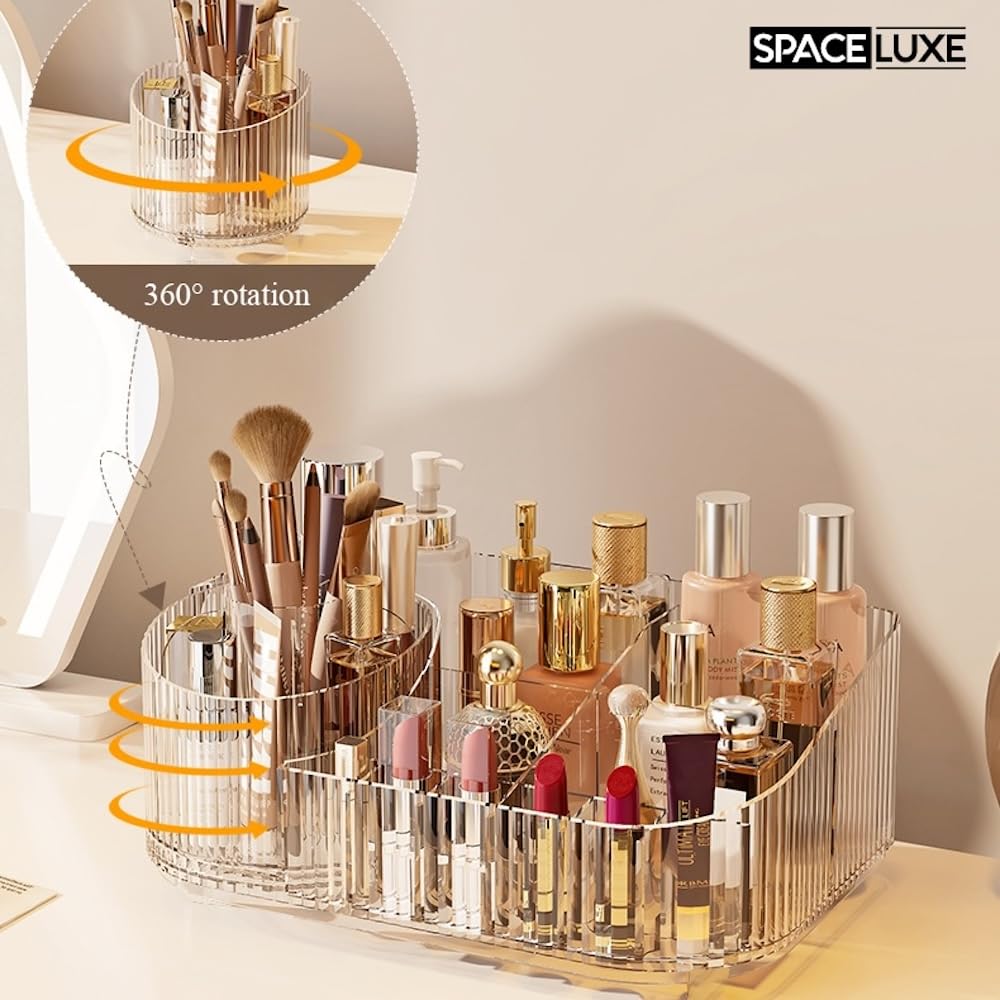 SpaceLuxe Makeup Organizer with Drawers and 360° Rotating Brush Holder, Large Capacity Cosmetic Storage for Vanity, Skincare, Perfume, Hair Accessories, Lipstick & Jewelry (Clear, 2-layer)