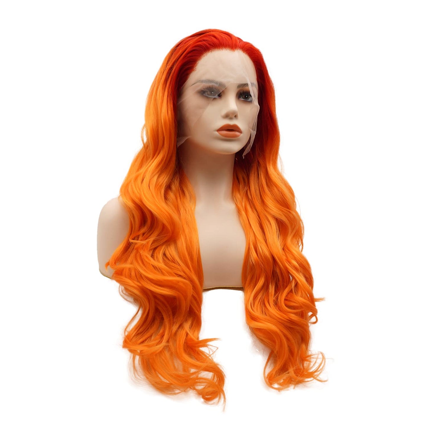 Long 24-Inch Wavy Synthetic Lace Front Wig - Orange Root Light Orange Ombre, Heat Resistant