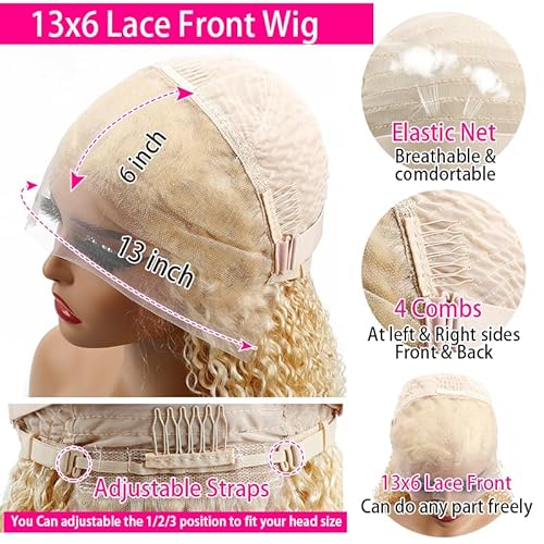 Blonde Bob Wig Human Hair 613 13x6 Lace Front Wig Human Hair Short Curly Bob Wigs for Black Woman Glueless Wigs Human Hair 613 Frontal Wigs Pre Plucked With Baby Hair180% Density (14 Inch)