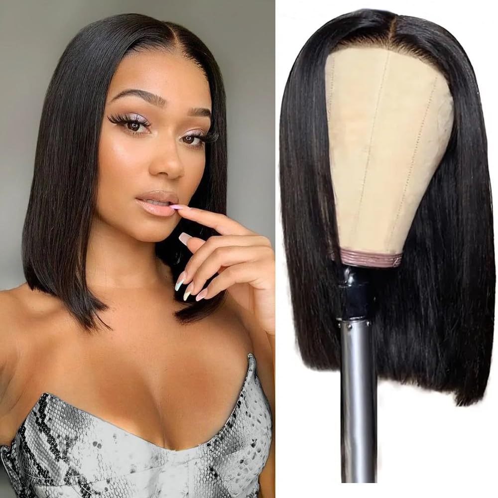Pinketer Glueless Wigs Human Hair Pre Plucked Pre Cut Wear and Go Straight Bob Wigs 4x4 Lace Closure Wigs 180% Density Short Human Hair Wigs for Black Women (Glueless Wig, 12inch)