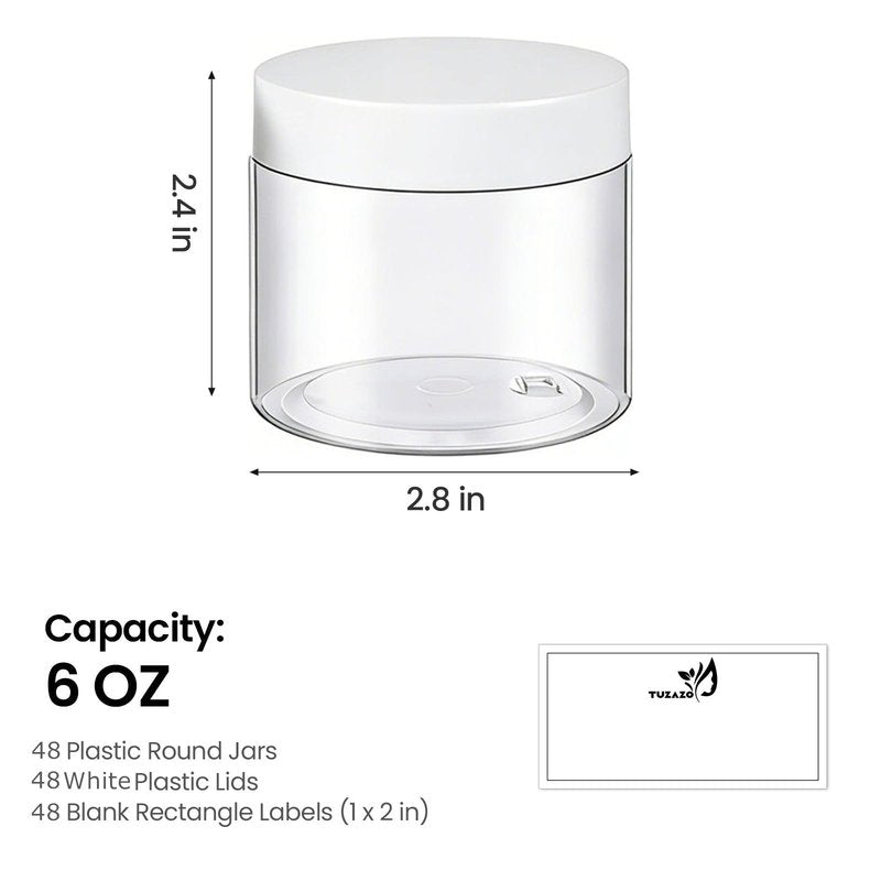 48 Pack 6 Oz Plastic Jars with White Lids, 6oz Small Plastic Containers with Lids for Cosmetic Makeup Beauty Products, Slime, Sample, Travel, BPA Free | Wide Mouth | Refillable