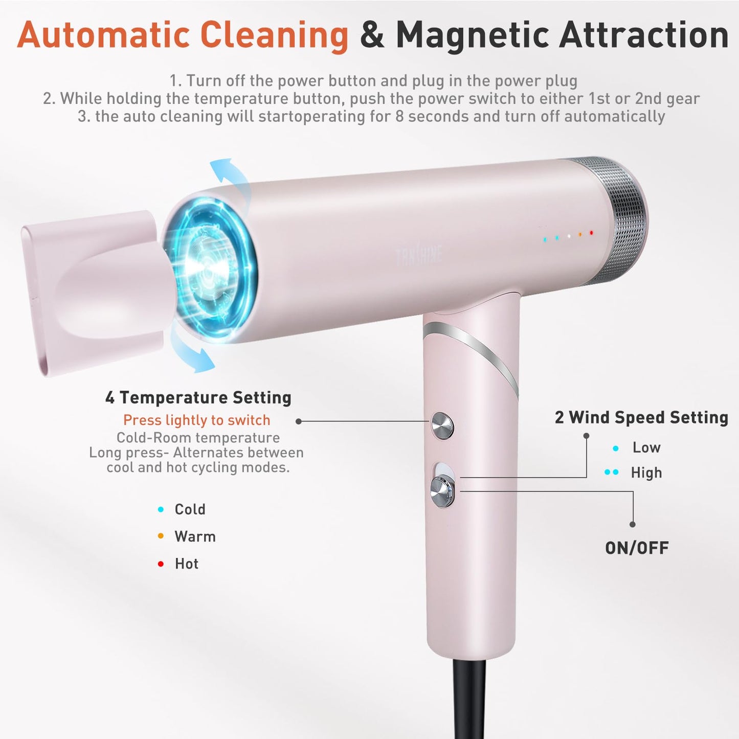 TANSHINE Professional Blow Dryer with LED Lights,Ionic Hair Dryer,110000RPM High-Speed Fast Drying Hair Dryer,1600W Quiet Ion Hairdryer with Magnetic Nozzle,Compact Hair Blower for Salon Travel,Grey