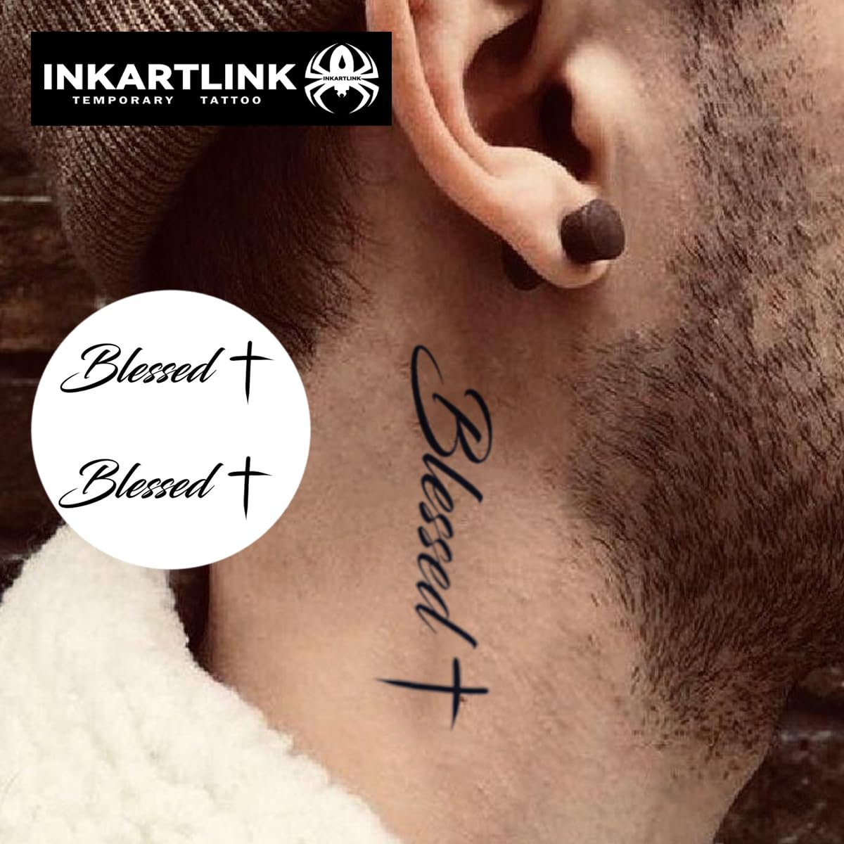 INKARTLINK Tattoo Tech, 3 Sheets Medium Semi Permanent Tattoo, Adult Art Design Temporary Tattoos, Lasts 1-2 Weeks, Waterproof, Realistic Look, No Reflection (Blessed)
