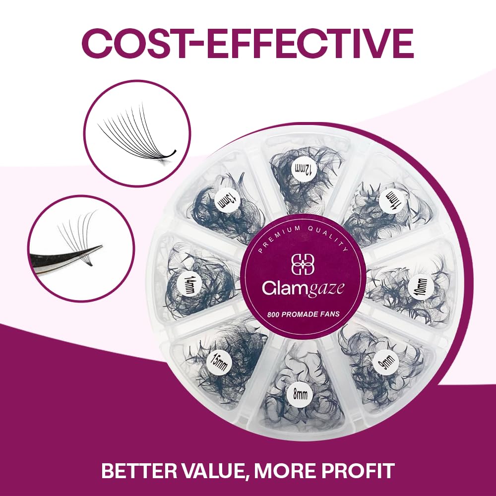 GLAMGAZE 800 Promade Fans 8-15mm Mixed Lengths - 5D to 16D, C CC D Curl, 0.05-0.07mm Thickness - Premade Lash Fans Volume Lash Extensions Loose Premade Fans Eyelash Extensions (12D-0.05-CC 8-15mm)