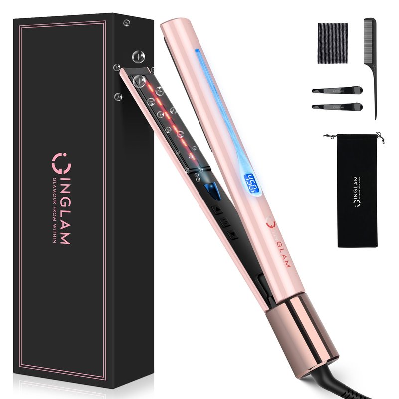 IG INGLAM Titanium Flat Iron Hair Straightener, Infrared Curling Iron 1 Inch,Negative Ionic Dual Voltage Straightener 11 Adjust Temp 250°F to 450°F, Anti-Frizz Shiny Hair,110-240V, Gift, Pink