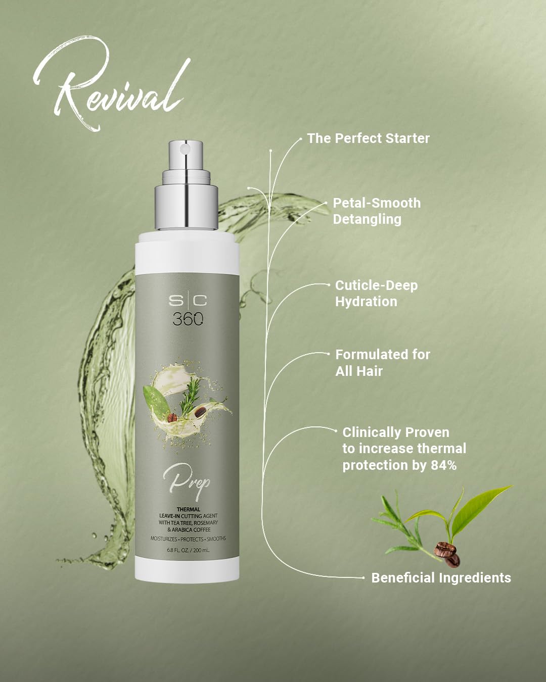 Stylecraft SC360 Revival Thermal Prep Hair Primer - Leave-In Heat Protectant - Frizz Control Hair Spray - Tea Tree, Rosemary, Arabica Coffee, Vegan, Paraben-Free, 6.8 oz