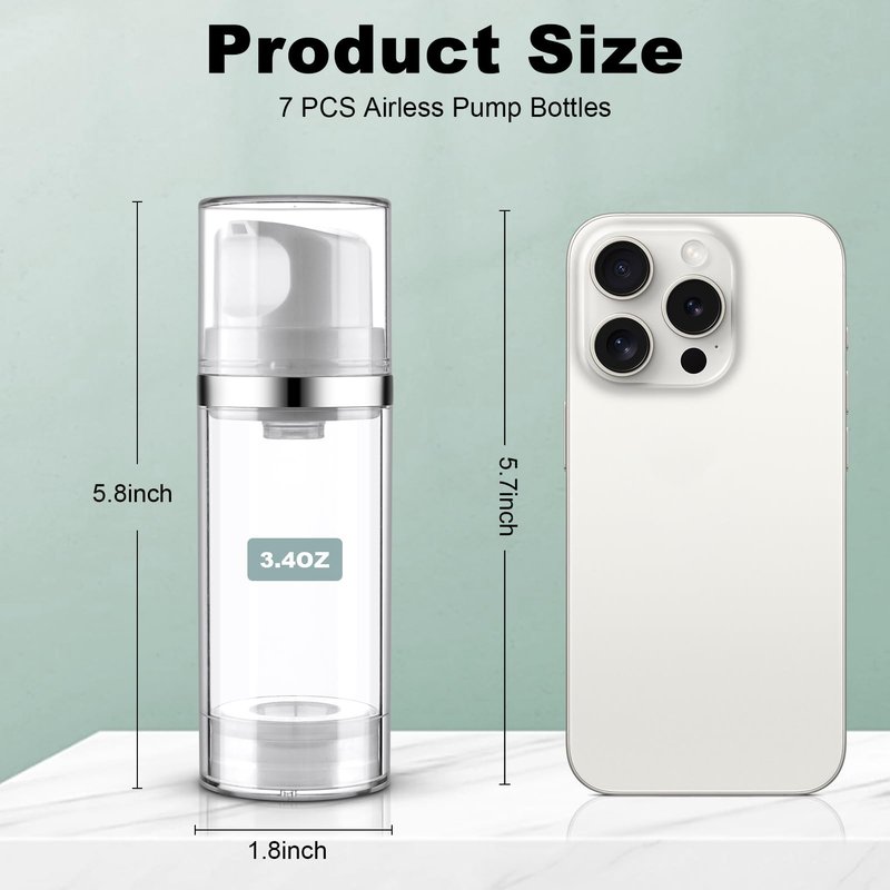 Decorniqu 7 Pack Airless Pump Bottles 3.4oz/100ml Lotion Dispenser Travel Pump Bottles for Toiletries Airless Cosmetic Pump Container Airless Pump Jar for Toiletries Shampoo Cream with Labels(Clear)