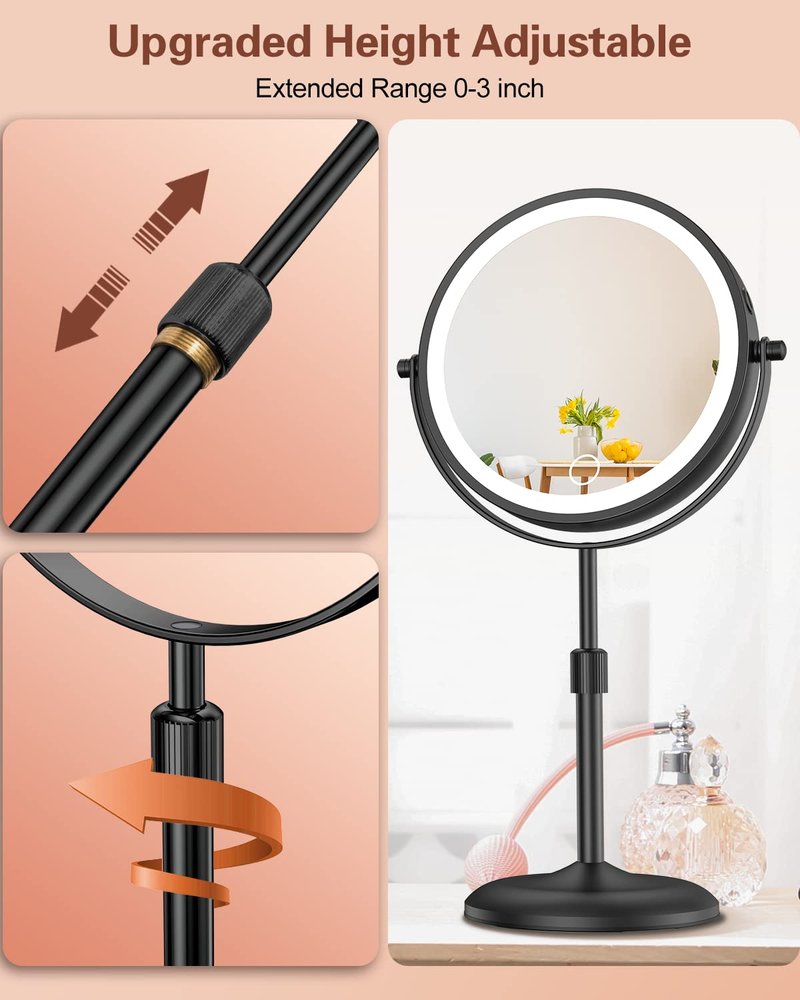 Benbilry 7" Lighted Makeup Mirror with 10X Magnification & 3 Color Lights, Adjustable Brightness & Height, 360° Swivel Rechargeable LED Magnifying Make Up Vanity Mirror with Lighting (Black)