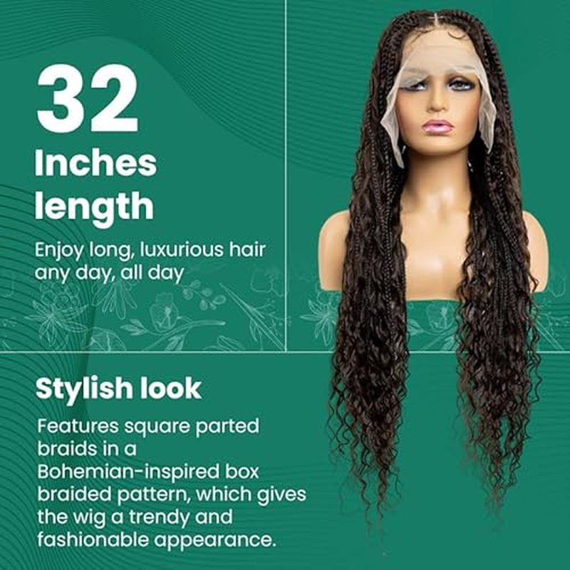 PIB 32" - Single Full Lace Braid Wig ? Boho Box Braided Wig Square Parted, Knotless Braided Wigs for Black Women, Synthetic Lace Wigs with Natural Baby Hair (4, Medium Dark Brown)