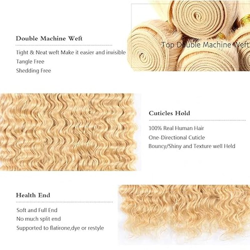 Curly Bundles Human Hair 26 28 30 Inch Blonde 613 Deep Wave Human Hair Bundles Unprocessed Brazilian Virgin Hair Double Weft Quick Weave for Black Women