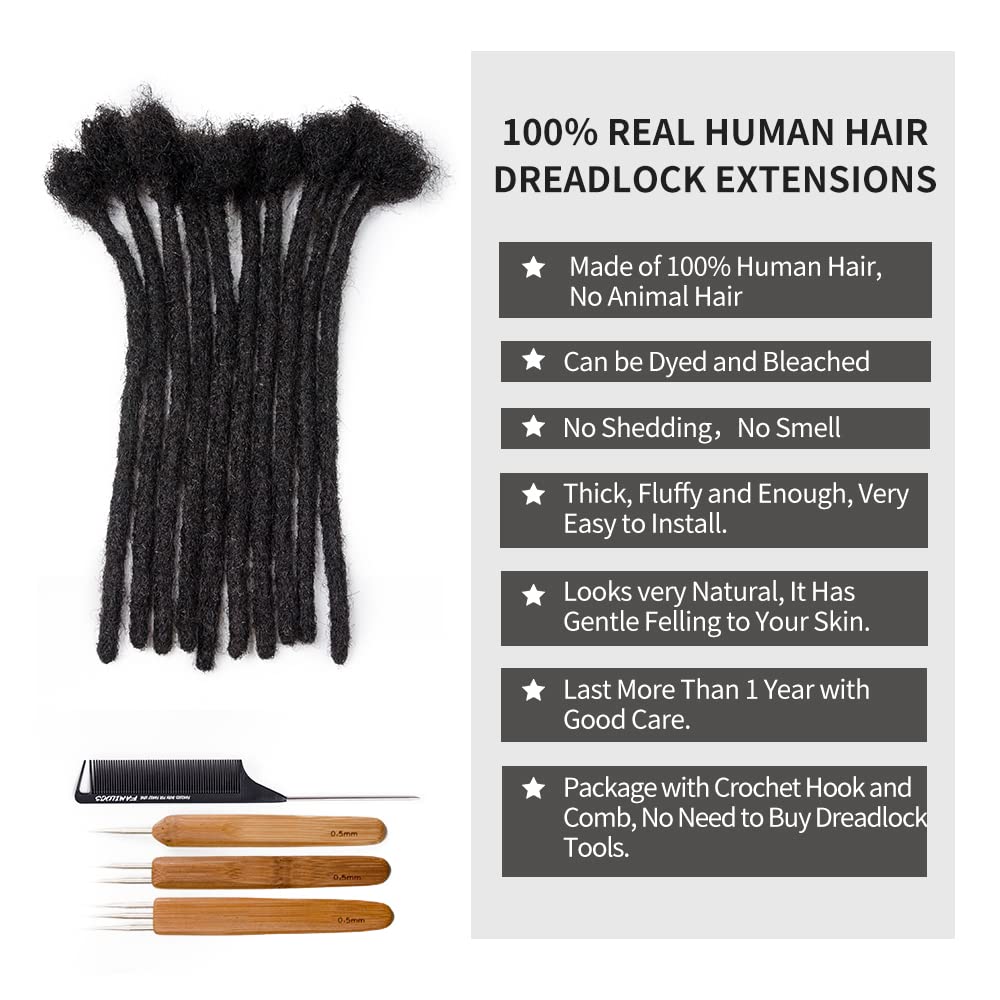 FAMILOCS Dreadlock Extensions Human Hair 12 Inch 0.6cm Width 10 Strands Loc Extensions for Man/Women Handmade Permanent Soft Locs with Needle and Clips