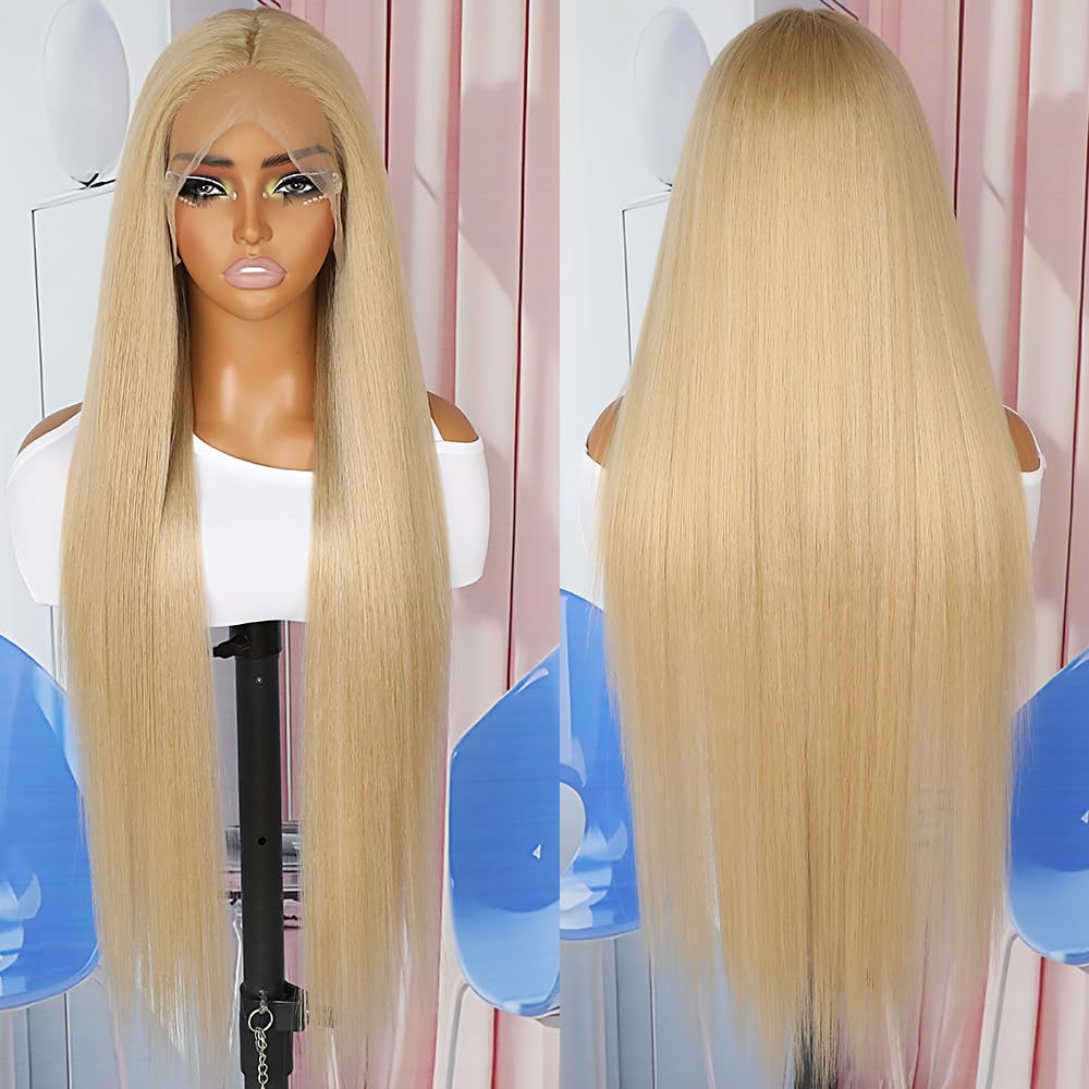 QD-Tizer Ash Blonde Synthetic Hair Wigs Long Straight Hair Mixed Platinum Blonde Color Natural HairLine Heat Resistant Fiber Hair Wigs for Fashion Women 32Inch