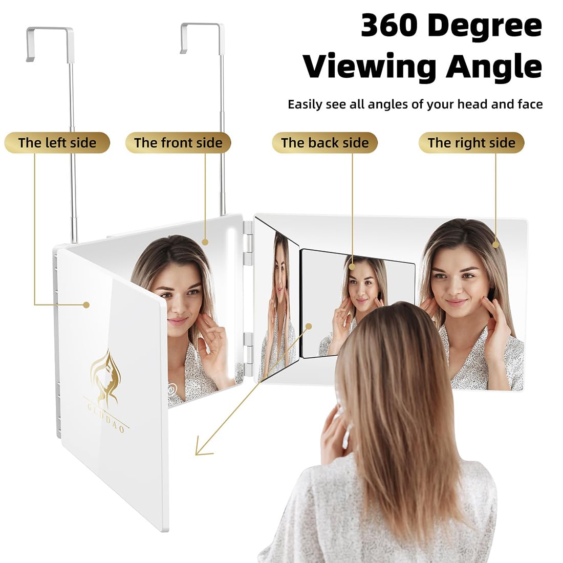 GLDDAO LED 3 Way Mirror to See Back of Head 360 Mirror for Women for Braiding Hair Telescoping Hooks Anti-Fog HD Glass Three Way for Self Hair Cutting Makeup Trifold