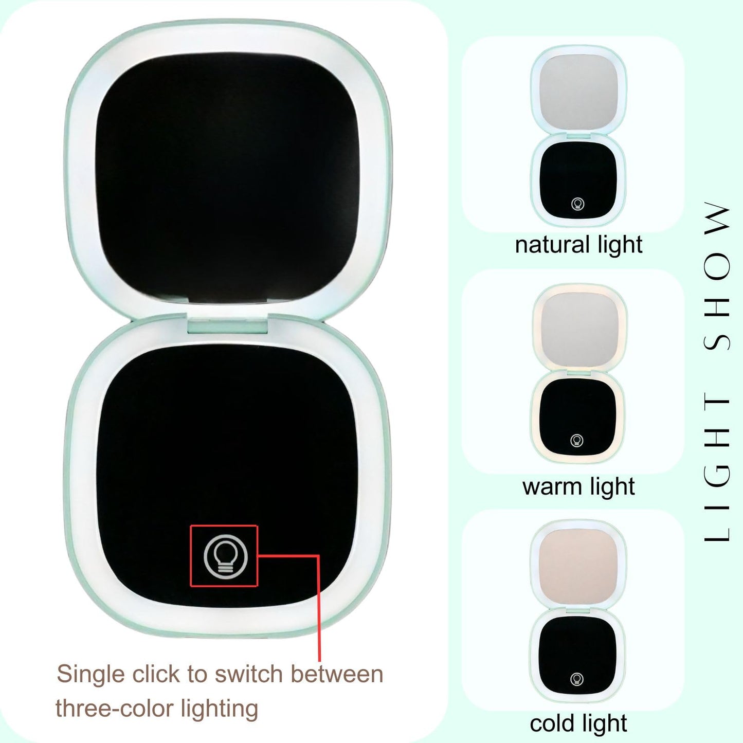 YABAHU Makeup Mirror with Lights - Dual-Sided Green LED Pocket Mirror, 1X/5X Magnifying Travel Mirror, 3 Light Modes, Rechargeable Handheld Mirror for On-The-Go Makeup, Grooming, and Gifts