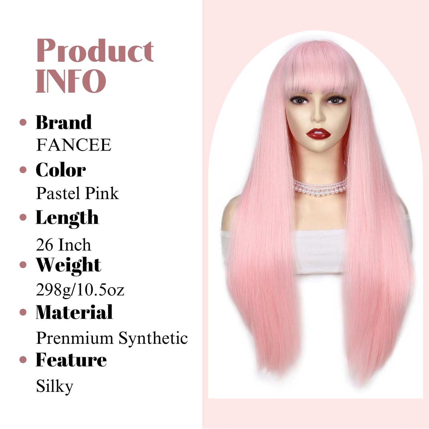 FANCEE Pastel Pink Wig with Bangs Long Straight Wig with Blunt Bangs for Women 26 Inch Synthetic Sakura False Hair Pink Wig with Layered Ends for Cosplay Halloween Party Daily Use