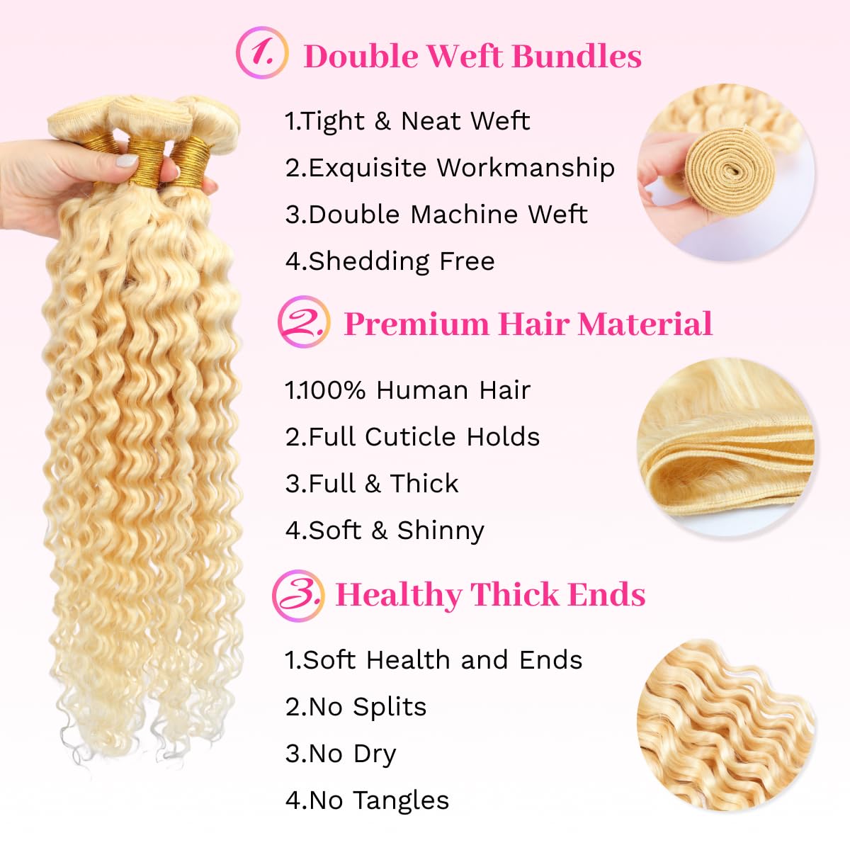 613 Bundles Human Hair 16 Inch Blonde Deep Wave Bundles Human Hair 1 Bundle 14A Grade 100% Unprocessed Brazilian Virgin Raw Hair Weave Extensions for women 100g