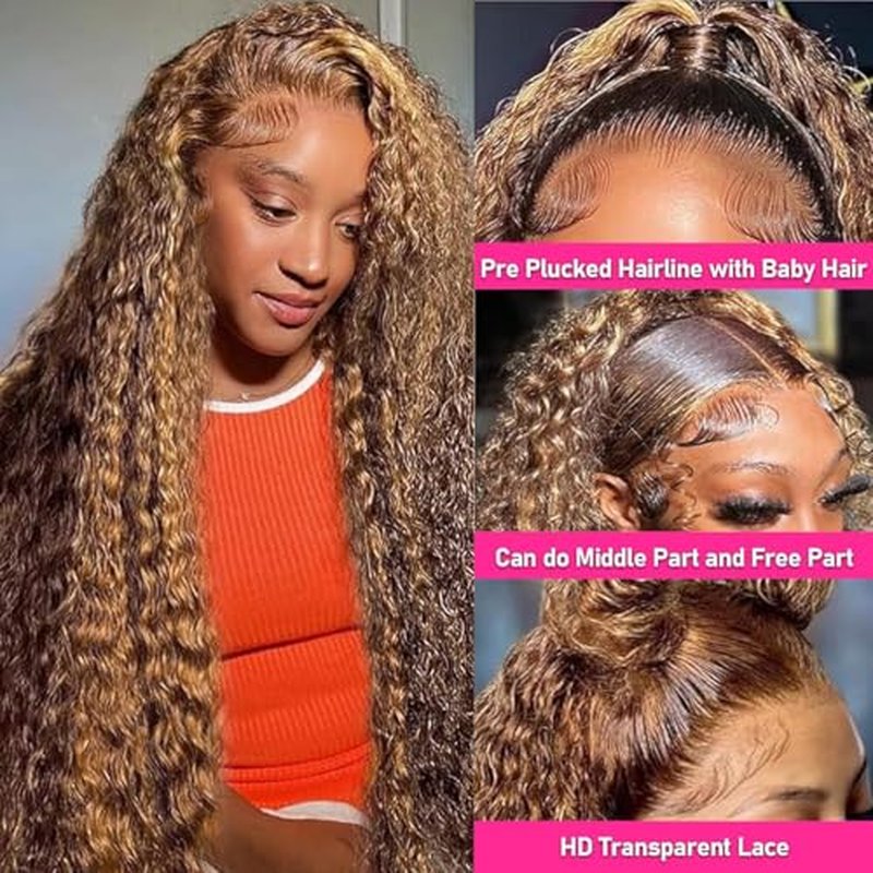 Highlight Lace Front Wig Human Hair 13x4 Ombre Deep Wave Wigs Human Hair 180% Density Honey Blonde Colored Deep Curly HD Lace Frontal Wigs for Black Women Wet Wavy Pre Plucked with Baby Hair(26 Inch)